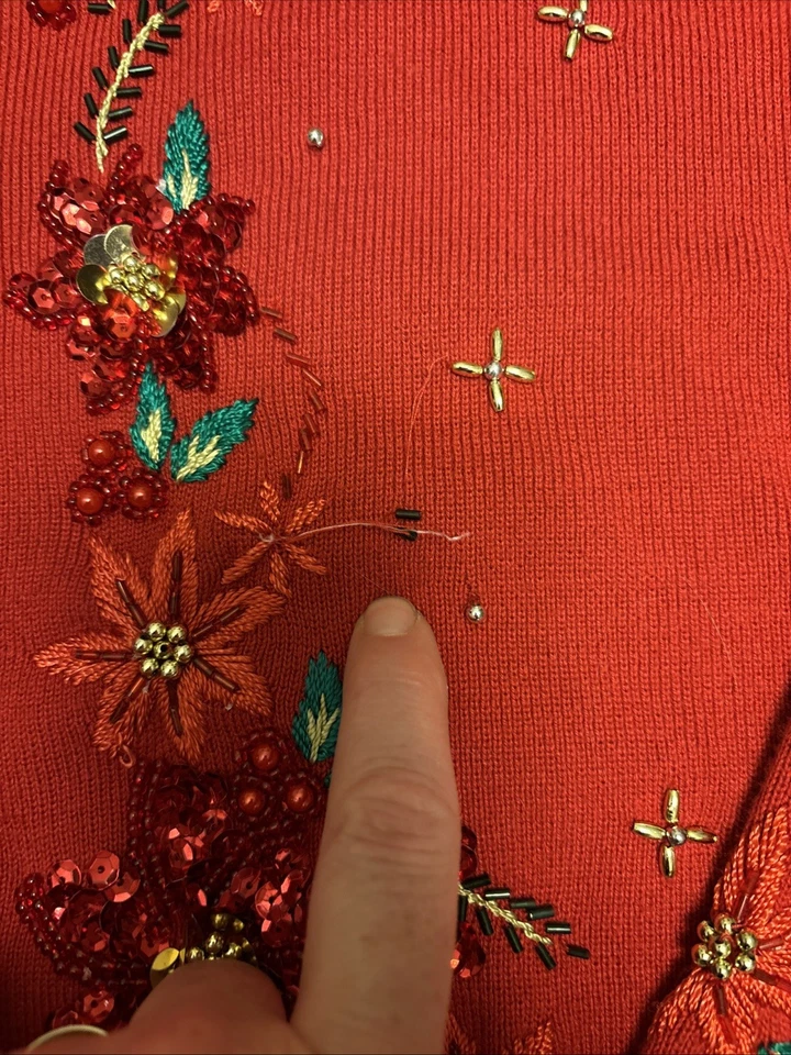 Kik It Sequin Beaded Poinsettia Christmas Cardigan W/faux Fur Collar - Size L - Image 4 of 4