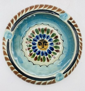 Vintage Tonala Mexican Folk Art Pottery Signed Ashtray Dish Sunshine Face