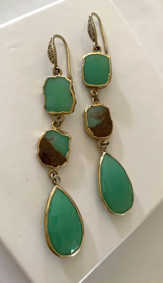 PENDIENTES COLGANTES LARGOS CRISOPRASA VERDE BRILLANTE VERMEIL PLATA DE COLECCIÓN 3” Foto 2 de 4