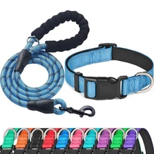 Reflective Dog Collar Leash Set Medium Blue Padded Neoprene Breathable Nylon