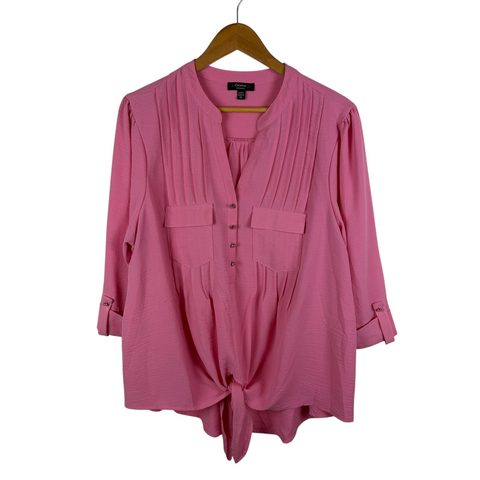 Cocomo Pink Tie Front Pintuck Popover Top Size 3X Lightweight Preppy Feminine