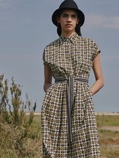 Toast Anokhi Shirt Dress Size 8 Yellow Midi Belted Pockets Pattern Block Print
