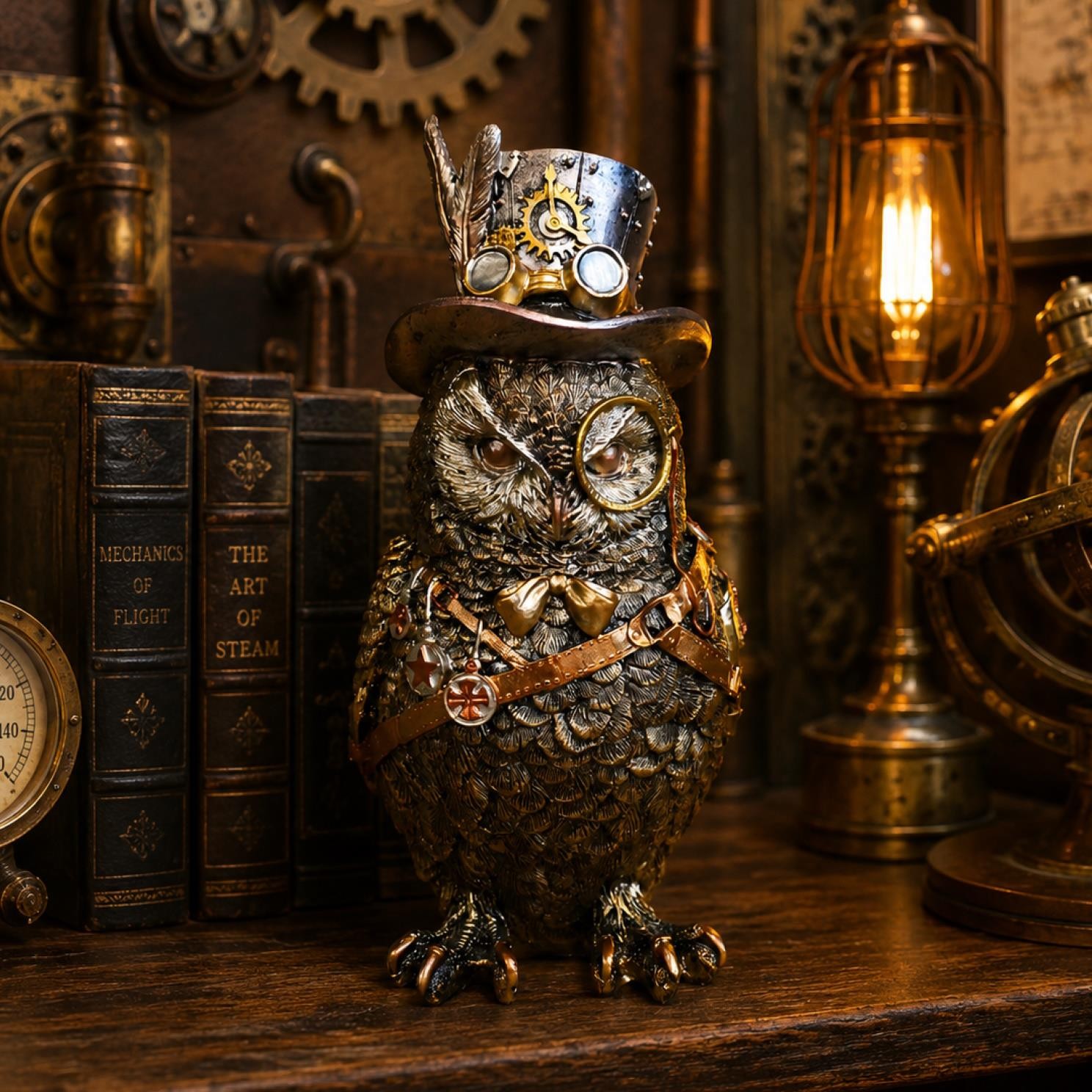 Steampunk Gentleman Owl Ornament Clockwork Mechanical Statue Bronze Effect Gift