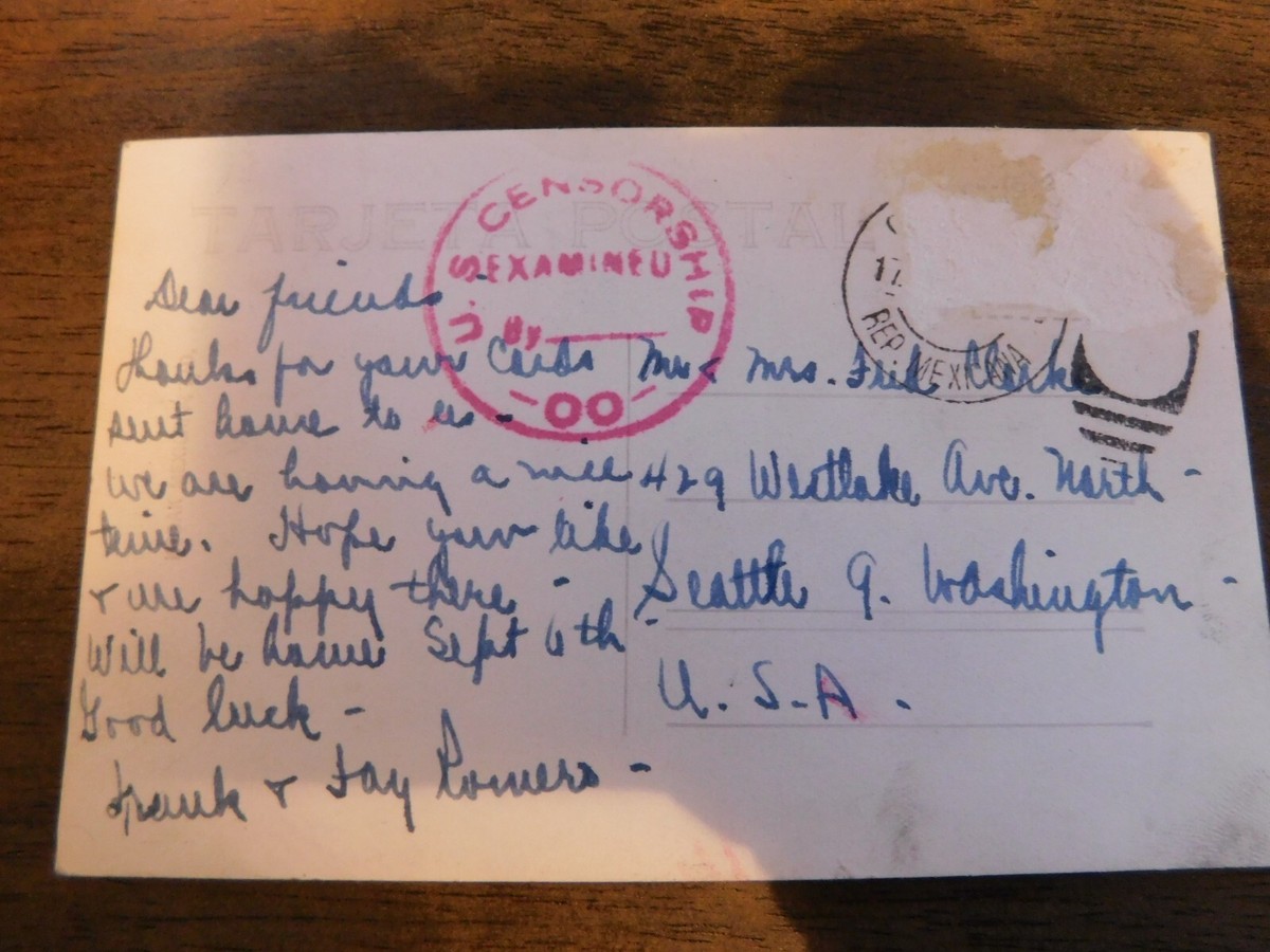Vintage 1940's WW2 Censored Postcard Mexico Stamp Removed
