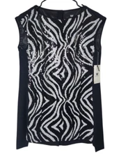 W by Worth Womens Sz 6 Zebra Sequin Tunic Blouse Sleeveless Black White Tank Top