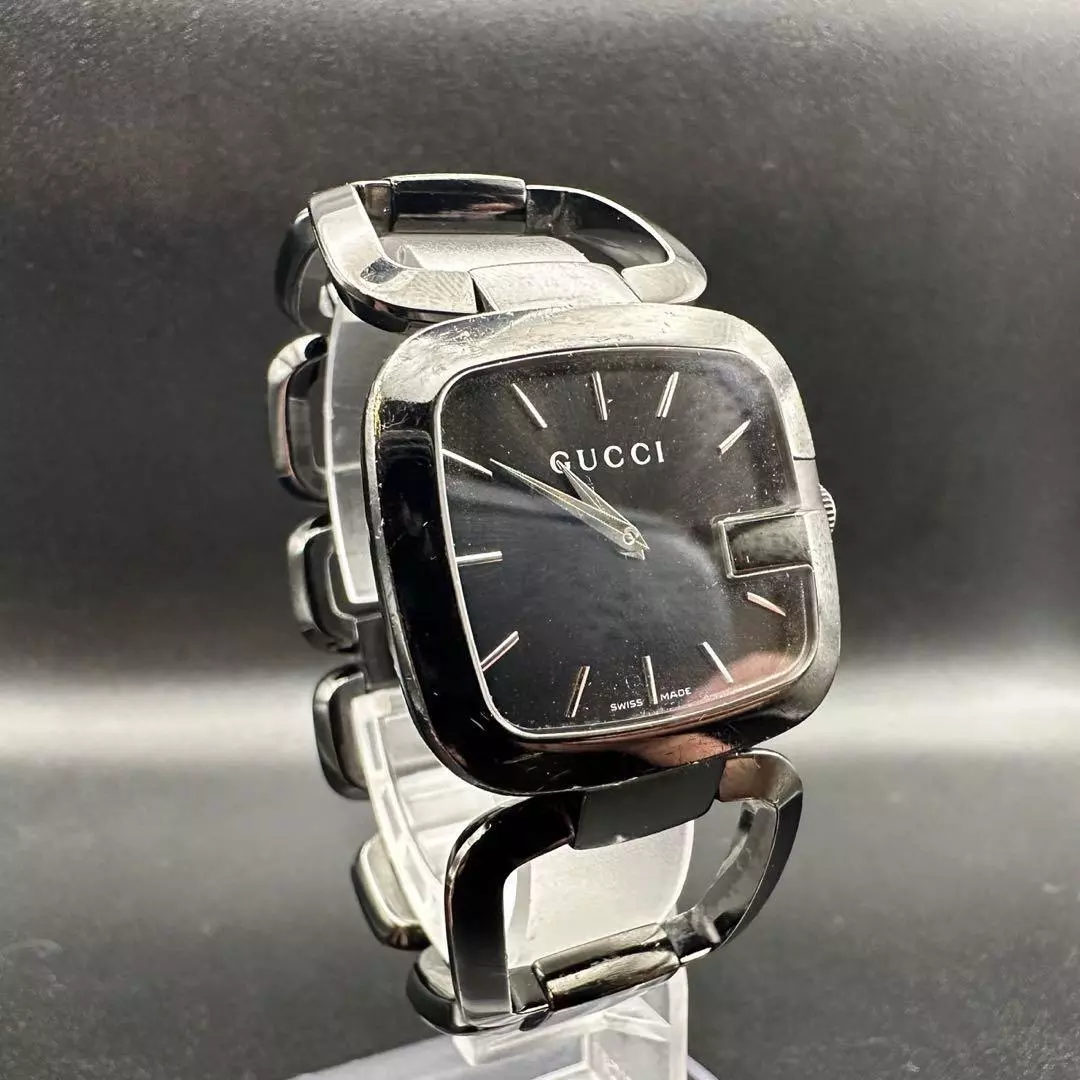 Montre Homme Gucci 125.4 G Face Cadran Noir Argent SS Analogique Quartz Article Fonctionnel