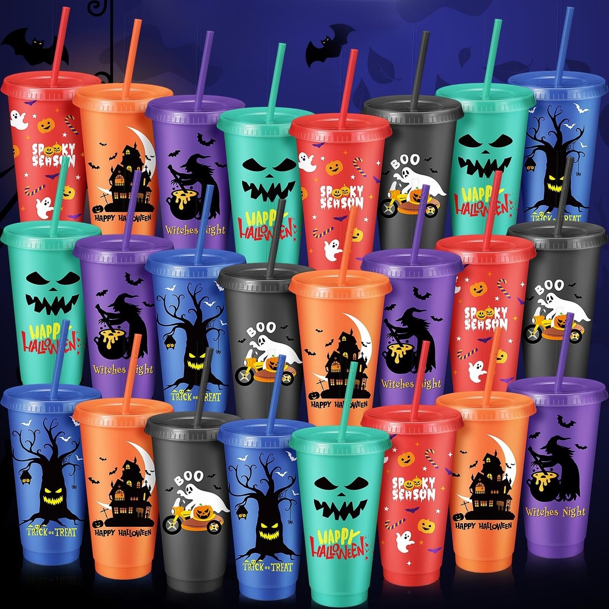 Halloween Party Cups - 20 Pack 16oz Stadium Cups In Orange, Black, Purple & White