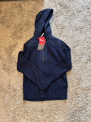 Womens Puma Jordyn 1/4 Zip LS Hooded Golf Sweater, Navy, S, NWT