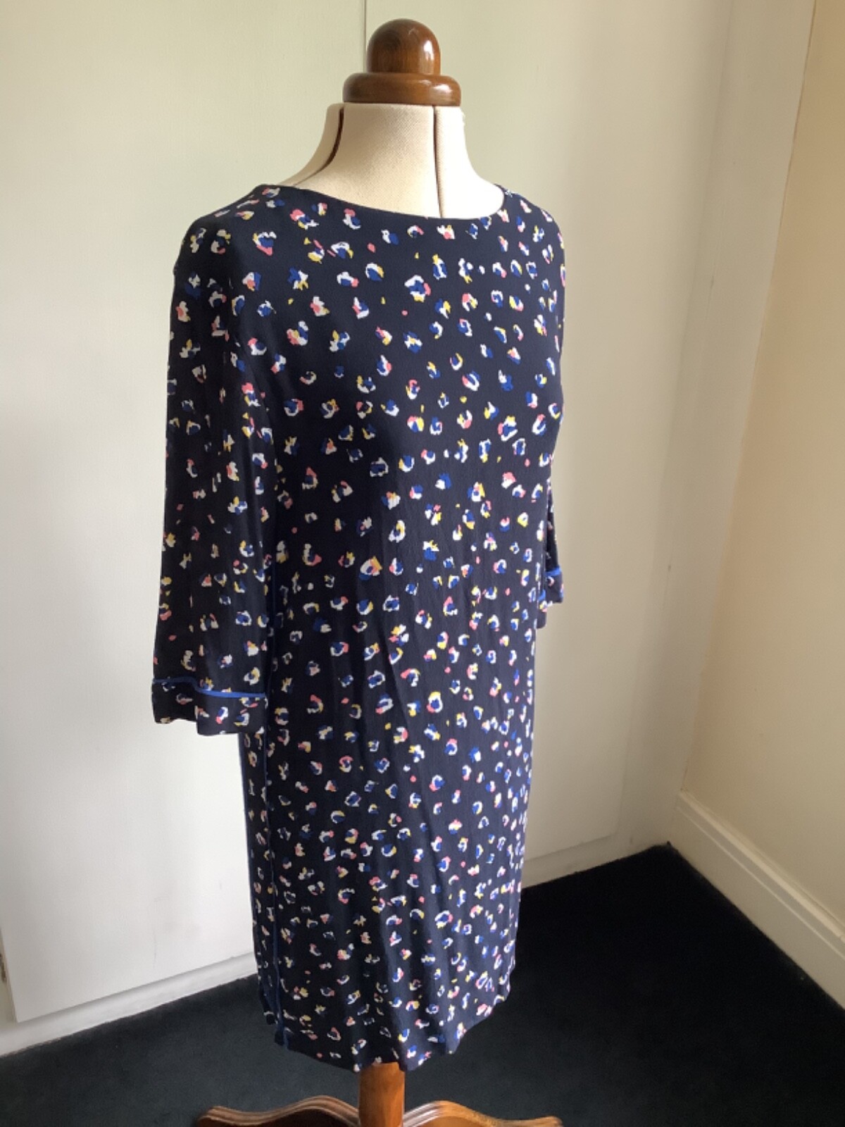 Oliver Bonas Black Ditsy Print Long Sleeved Dress Bright Blue Accents Lining UK8