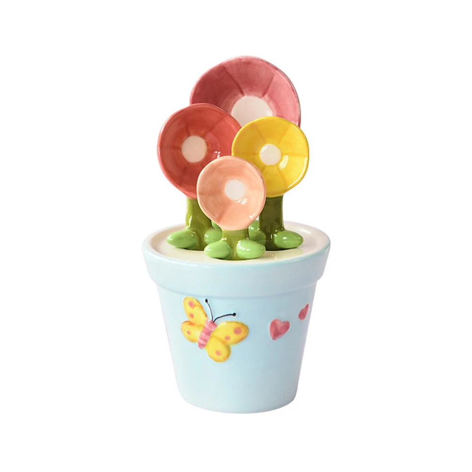 5PCS/1Set Ceramic Measuring Spoons and Cup Flower Measuring Spoon with Base - Image 2 of 4
