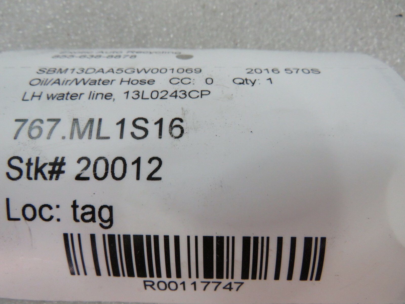 McLaren 570S, LH, Left Water Hose, Used, P/N 13L0243CP