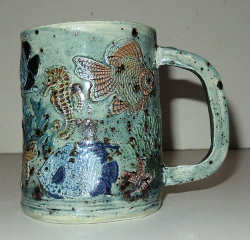Vintage Aquatic Life Art Pottery Coffee Mug Hand-Made Ocean Fish Tropical Marine
