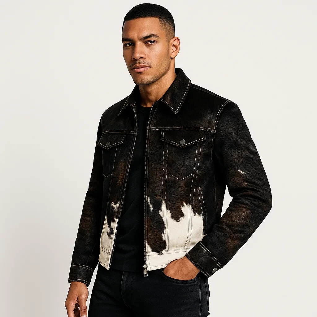 PONY Giacca da uomo in pelle di mucca con capelli vera pelle di cavallo stampa animalier cappotto premium