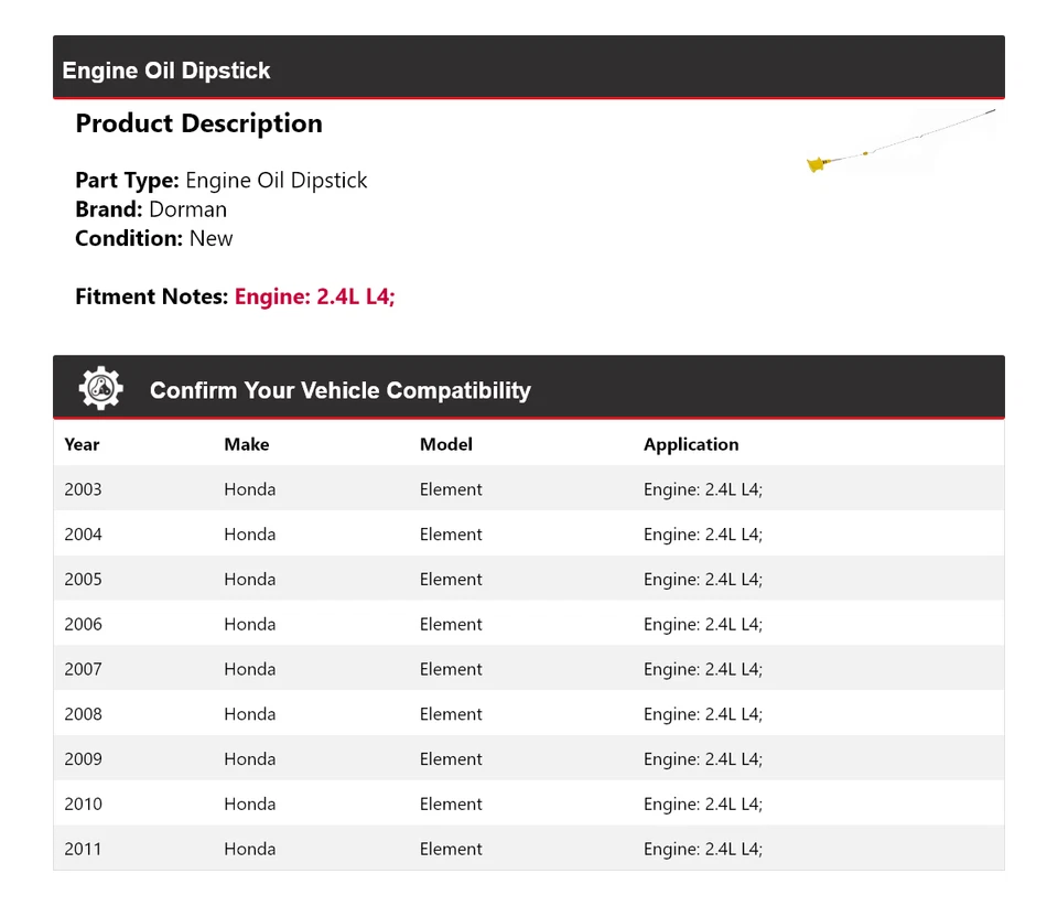 Varilla de medición de aceite de motor Dorman 2,4 L L4 2003-2011 2004 2005 2006 Foto 2 de 4