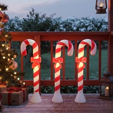 Set 3 VTG Christmas Blow Mold Candy Cane Bow Red White Stripe 30" Union Products