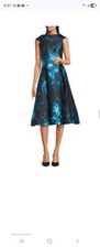 Adrianna Papell Floral Jacquard Pleated Sleeveless Midi Dress Black Blue 14
