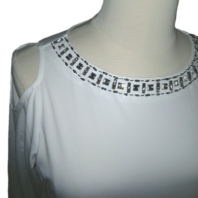 NEW Susan Graver Artisan 1X Embellish Butterknit Cold Shoulder White Top A276452