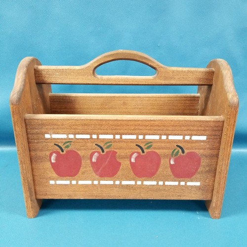 VTG Brown Solid Wood Top Handle Single Bin Floor Stand Magazine Rack Red Apples