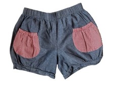 Hannah Kate Chambray Shorts with red  white gingham pockets