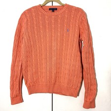 Vintage Ralph Lauren Sweater Womens L Orange Cotton Cable Knit Fisherman Preppy
