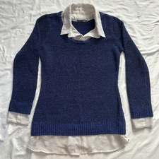 2010s/y2k women’s blue knit sweater with white collar, cuffs, & hem by AB Studio