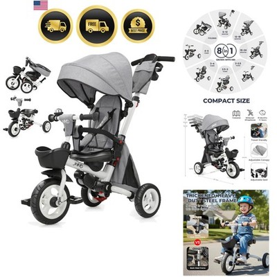 8 in 1 Tricycle Stroller with Push Handle, Foldable Trike with 360° Swivel Se...