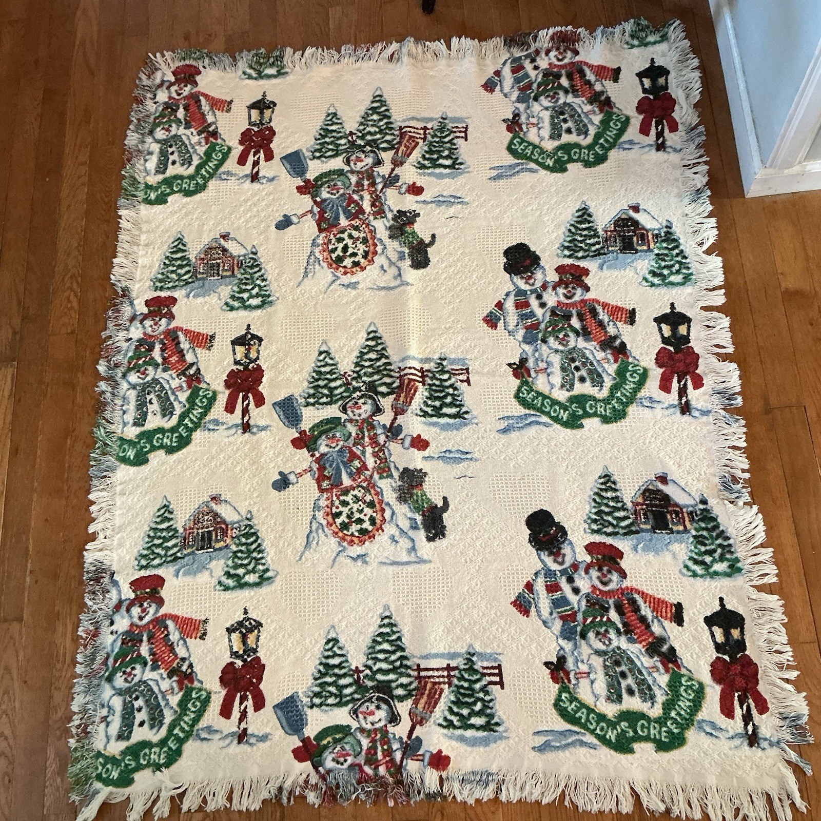 Vintage Tapestry Throw Blanket Happy Holidays Christmas Granny Core 43”By 55”