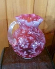 FENTON Daisy & Fern cranberry/opalescent pitcher, ruffled top, 6-1/2" high
