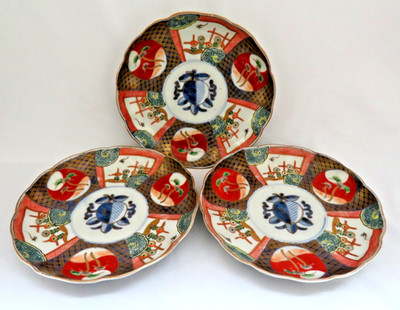 Japanese C1880 Imari Porcelain Plates / Shallow Bowls  7 1/2'' Dia.  Signed  3 Pc