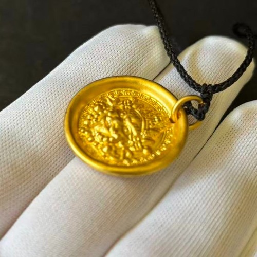 VTG Tibet Amulet Round Gold-plated? Pendant mark '999', Braided Rope Adjustable - Picture 4 of 7