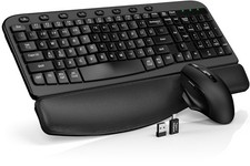 Wireless Keyboard and Mouse Combo - Ergonomic Wave Key, Built-in Leather Soft Pa