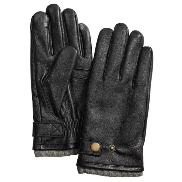 Club Room Men's Snap Leather Cashmere Lined Tech Tip Gloves Black-Small