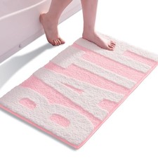 Pink White Bathroom Rug Bath Letters Non Slip Absorbent Washable 16x24 Inch