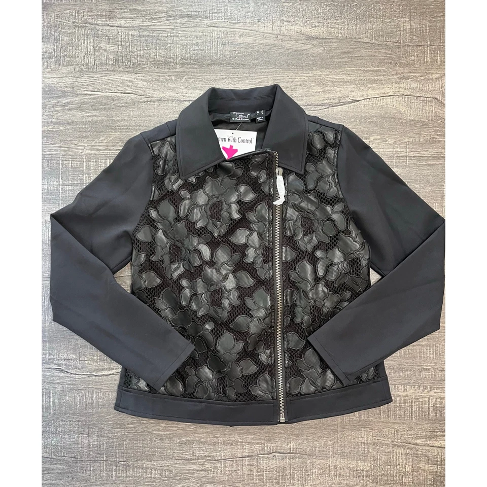 Women with Control Ponte Royal and Lace Zip Up Moto Jacket, Black, Size XS NWT - Image 2 of 4