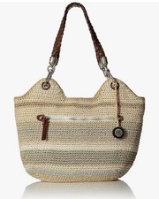 The SAK Indio Crochet Purse Shoulder Bag Braid Faux Leather Handles Sand Stripe