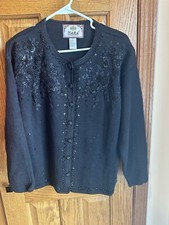 Vintage Tiara International Black Knit Floral Sequins Embroidered Cardigan Small
