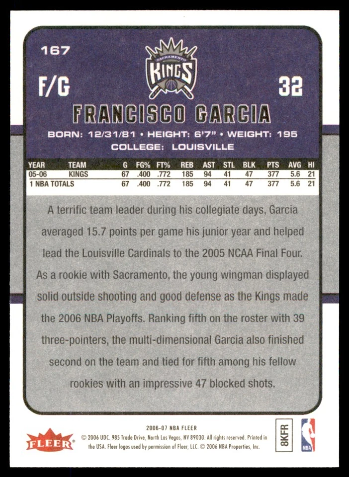 2006-07 Fleer Francisco Garcia . Sacramento Kings #167 - Image 2 of 2