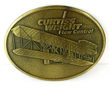 Curtiss Wright Flow Systems Bronze Airplane Belt Buckle Industrial Advertising