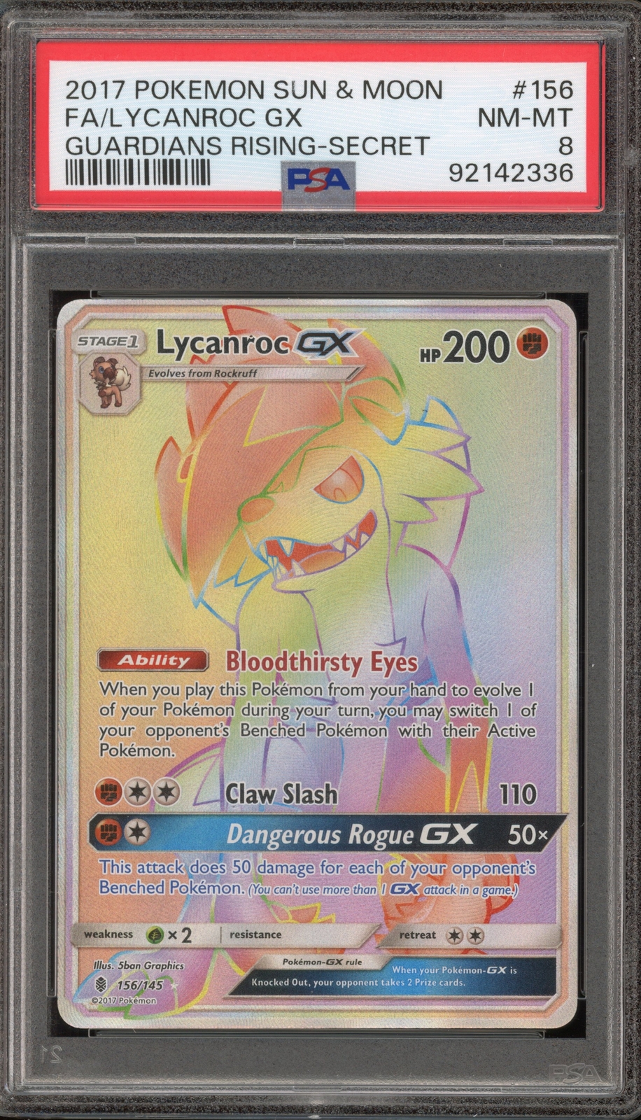 Pokemon Lycanroc GX Guardians Rising Secret Rare Full Art #156 PSA 8