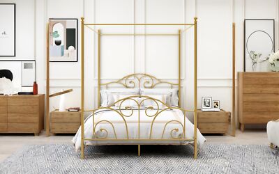 Elegant Queen Size Metal Bed Frame: Four-Poster Design, Steel Slat Support
