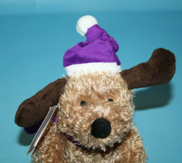 Kmart Plush Puppy Dog 6" Soft Stuffed Xmas Toy Purple Hat Scarf Brown