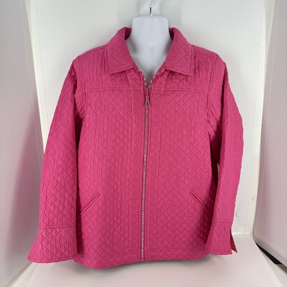 The Quacker Factory Jacket Women Lrg Bright Pink Silk Quilted Rhinestone Puffer - Image 2 of 4