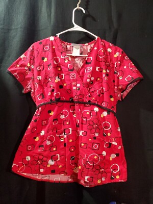SB Scrubs  Women's Size SMALL Red w/ Geometric Designs V Neck Slim Stretch Waist