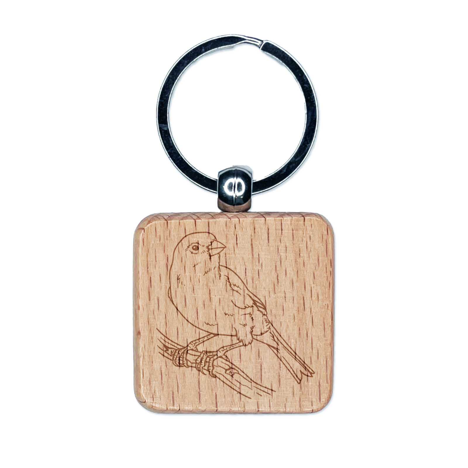 Canary Engraved Wooden Square Keychain Charm with Songbird Design  