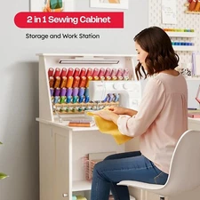 Sewing Table, Sewing Machine Desk with Under Cabinet Lights, Charging Station