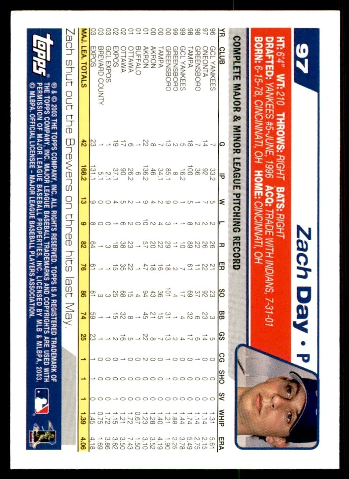 2004 TOPPS ZACH DAY MONTREAL EXPOS #97 - Image 2 of 2