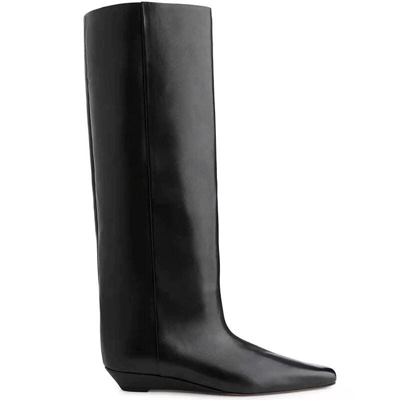 Botas longas femininas Khaite botas largas comprimento do joelho couro cavaleiro botas planas pretas - Imagem 4 de 4