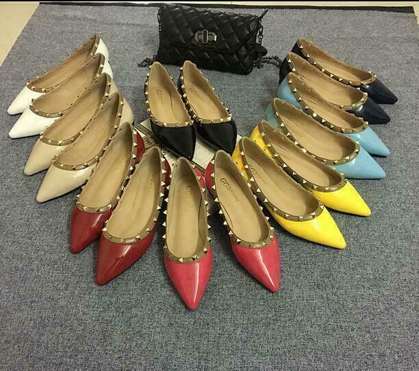 Ladies Roman Rivet Studded Pointed Toe Flat Heel Pump Court Party Shoes ...
