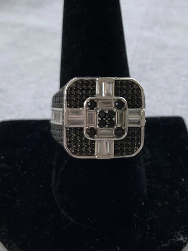 925 Sterling Silver Men’s Large Baguette Black & White Cz Ring Size 9 VTG