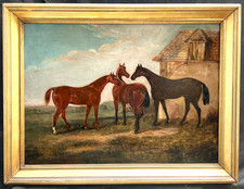 LARGE c1850 PORTRAIT HORSES IN A LANDSCAPE BY STABLE ANTIQUE OIL PAINTING